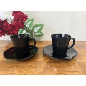 Vintage Arcoroc France Black Octagon‎ Glass Cups and Saucers – Set of 2